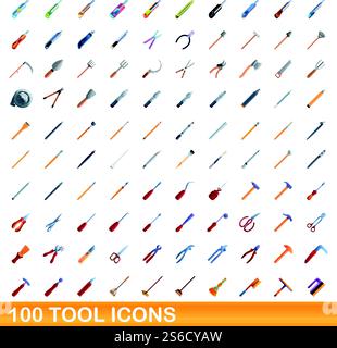 jeu de 100 icônes d'outils. Illustration de dessin animé de 100 icônes d'outils ensemble de vecteur isolé sur fond blanc. 100 icônes d'outils définies, style de dessin animé Illustration de Vecteur