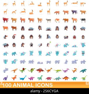ensemble de 100 icônes d'animaux. Illustration de dessin animé de 100 icônes animales ensemble de vecteur isolé sur fond blanc. ensemble de 100 icônes animales, style de dessin animé Illustration de Vecteur