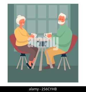 Un homme âgé et une femme boivent du thé assis à la table, vecteur intérieur de cuisine. Couple de personnes âgées aux cheveux gris avec des tasses ou des tasses de boisson chaude. Bonne retraite, passe-temps de loisirs ou petit-déjeuner. Couple de personnes âgées buvant du thé à table, heureuse retraite Illustration de Vecteur