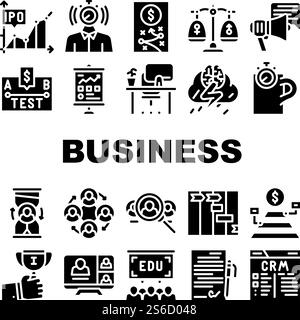 Ensemble d'icônes de collection de situations d'affaires vecteur. Stratégie d'entreprise et présentation, recherche d'employés et signature de contrat, pause café et échéance pictogrammes de glyphes illustrations noires. Ensemble d'icônes de collection de situations d'affaires illustration vectorielle Illustration de Vecteur