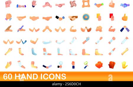 jeu de 60 icônes de main. Illustration de dessin animé de 60 icônes de main ensemble de vecteur isolé sur fond blanc. 60 icônes de main définies, style de dessin animé Illustration de Vecteur