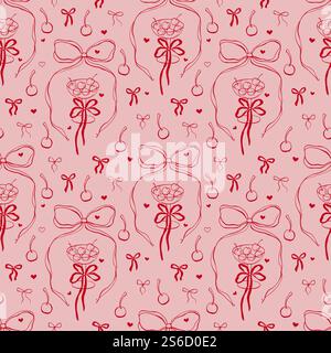 Motif sans couture rococo vectoriel avec des illustrations fantaisistes. Verre rouge cerise avec des noeuds Illustration de Vecteur