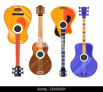 Guitare classique en bois, instrument de musique pincé à cordes vecteur d'icône isolé. Guitare acoustique, matériel de concert rock ou jazz. Spectacle musical, dispositif de production sonore, chansons et mélodies jouant. Icônes isolées de guitare, instruments de musique pincés à cordes Illustration de Vecteur