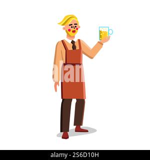Travailleur de brasserie tenir le verre avec vecteur de boisson de bière. Homme barbu tenant une tasse avec boisson alcoolisée brassée Lager ou Ale, recette de brasserie. Illustration de dessin animé plat Character Factory Job. Travailleur de brasserie tenir le verre avec vecteur de boisson de bière Illustration de Vecteur