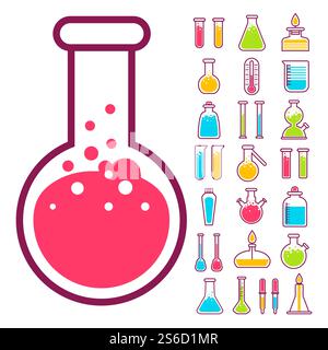 Équipement de laboratoire, fioles chimiques, science de la chimie, vecteur d'icônes isolées. Bécher, verrerie de laboratoire, articles en verre et liquides toxiques, réaction et recherche. Education et connaissances, pharmacologie. Fioles chimiques et béchers icônes isolées, équipement de laboratoire Illustration de Vecteur