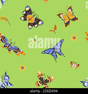 Motif sans couture de papillons. Insectes volants papillon, vue de dessus, ailes de formes variées avec des ornements décoratifs lumineux, impressions symétriques, antennes recourbées. Illustration vectorielle sur fond vert.. Papillons avec des ailes imprimées décorativement motif sans couture sur fond vert Illustration de Vecteur