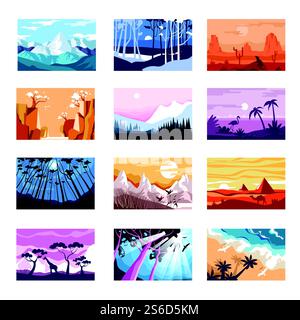 Paysages icônes isolées, montagnes et plage, coucher de soleil et vecteur de nuit. Désert et forêt, savane africaine et fleur de sakura chinois. Montagnes et bois, côte et vallée, silhouettes animales. Nature paysages icônes isolées, montagnes et plage, coucher de soleil et nuit Illustration de Vecteur