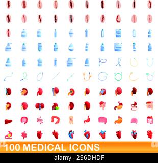 jeu de 100 icônes médicales. Illustration de dessin animé de 100 icônes médicales ensemble de vecteur isolé sur fond blanc. ensemble de 100 icônes médicales, style cartoon Illustration de Vecteur