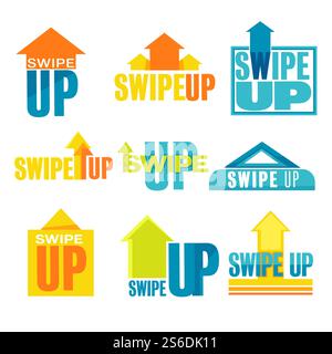 Bannières pour les publicités de médias sociaux, faites glisser les symboles vers le haut avec des flèches. Interface de bouton pour la publicité et attirer l'attention des abonnés et des abonnements. Blogging et marketing, vecteur dans le style plat. Faites glisser la bannière vers le haut pour afficher le jeu de publicités sur les réseaux sociaux Illustration de Vecteur