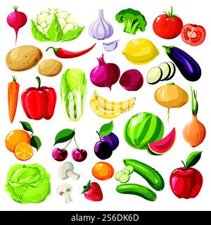 Légumes et fruits, betteraves et brocolis, tomates et aubergines, poivrons et carottes, chou et champignons, pomme de terre et ail. Citron et banane, branche de cerise et vecteur de pastèque dans un style plat. Fruits et légumes, ingrédients biologiques, vecteur de repas utile Illustration de Vecteur
