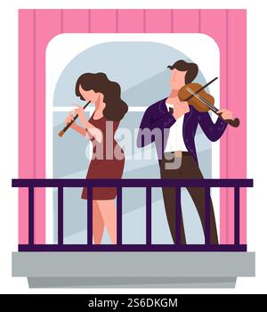 Les gens jouant des violons sur le balcon, l'homme et la femme donnant des performances à la maison. Duo de musiciens en quarantaine. Activités d'auto-isolement à la maison, concert en direct pour le quartier. Vecteur dans le style plat. Musiciens jouant du violon sur le balcon, concert de violonistes en quarantaine Illustration de Vecteur