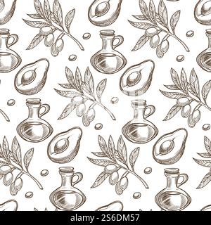 Huiles naturelles d'avocat et motif sans couture d'argousier. Liquides pour soins spa, cheveux et peau. Légumes et baies utilisés en cuisine. Contour d'esquisse monochrome, vecteur dans le style plat. Huiles d'avocat et d'argousier, composants naturels sans couture Illustration de Vecteur