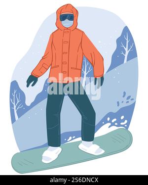 Mode de vie actif en hiver et activités dans la station. Snowboarder descendant les pentes, sports extrêmes et détente, passe-temps de snowboard. Personnes équipées de snowboard et de vêtements. Vecteur dans le style plat. Snowboard sports d'hiver et activités de vacances Illustration de Vecteur