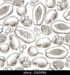 Fruit du dragon et papaye modèle sans couture de fruits exotiques. Nourriture tropicale pour le dessert, mangue juteuse sucrée, ingrédients pour le menu végétarien ou végétalien. Contour d'esquisse monochrome, vecteur dans le style plat. Fruits exotiques et tropicaux, papaye et pitaya sans couture Illustration de Vecteur