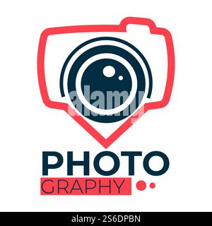 Prise de vue professionnelle, logotype minimaliste isolé avec appareil photo et inscription. Logo de la société, services modernes pour l'édition de photographie. Photographier un passe-temps ou un travail. Vecteur dans le style plat. Services de studio de photographie pour prendre des photos, soins professionnels Illustration de Vecteur