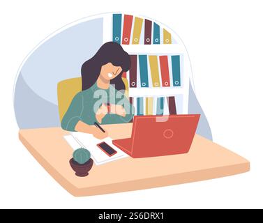 Personnage féminin travaillant dans le bureau, attendant que le jour se termine. Freelance pensant sur la date limite du projet. Personnage avec ordinateur portable et documents traitant du calendrier et des problèmes. Vecteur dans le style plat. Femme travaillant dans le bureau regardant le temps à regarder Illustration de Vecteur