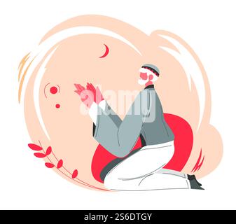 Homme senior priant allah, la culture musulmane et la religion, les coutumes et les traditions dans la vie quotidienne. Personnage masculin croyant en Dieu, les gens du pays arabe dans la mosquée ou à la maison. Vecteur dans le style plat. Vieil homme musulman priant à allah la nuit vecteur Illustration de Vecteur