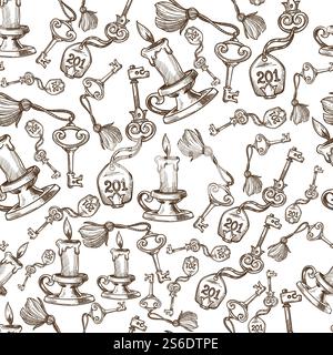 Bougie avec flamme brûlante, clé de chambre d'hôtel avec numéro sans couture. Lumière vintage ou rétro, chandelier lumineux et objet en métal avec plaque. Contour d'esquisse monochrome, vecteur dans le style plat. Bougie allumée et clé avec le modèle sans couture de numéro Illustration de Vecteur