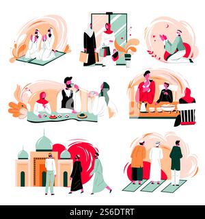 Les gens des pays arabes la vie quotidienne et la routine. Prier dans la mosquée, faire du shopping avec des amis. Tradition de passer du temps en famille à dîner et à communiquer à table. Vecteur dans le style plat. Vie quotidienne des musulmans, prier et bavarder Illustration de Vecteur