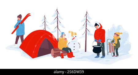 Les gens s'amusant à l'extérieur, se relaxant sur le camp d'hiver. Personne cuisinant de la nourriture, bonhomme de neige et dix avec des personnages assis près du feu de joie. Homme qui va skier. Loisirs et vacances de personnages. Vecteur dans le style plat. Camping de saison d'hiver et vecteur de détente en plein air Illustration de Vecteur