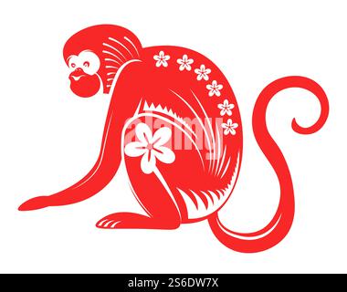 Singe floral, culture asiatique et symboles du zodiaque décorés de fleurs en fleurs. Créature astrologique isolée, singe à longue queue. Mythologie orientale. Signe d'horoscope chinois, vecteur d'icône rouge à plat. Signe d'horoscope chinois, singe avec vecteur de fleurs Illustration de Vecteur