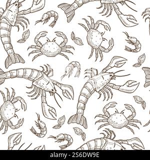 Motif sans couture d'animaux aquatiques marins ou océaniques. Crevettes et écrevisses, crabes aux griffes. Régime de fruits de mer et nutrition, menu de restaurant ou de dîner. Contour d'esquisse monochrome, vecteur dans le style plat. Animaux aquatiques, crevettes de fruits de mer crus et crabes sans couture Illustration de Vecteur