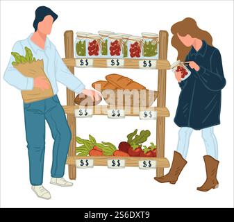 Personnage masculin et féminin achetant des légumes frais et des fruits en magasin. Les gens magasinent au marché. Cornichons conservés dans des bocaux, carottes et betteraves sur des étagères. Légumes bio. Vecteur dans le style plat. Les gens qui achètent des légumes de ferme biologiques et des cornichons Illustration de Vecteur