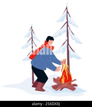 Personnage masculin voyageant et se relaxant à l'extérieur, homme debout par feu de joie chaud. Camping en hiver, passe-temps saisonnier et vacances à l'extérieur. Personnage dans les bois ou la forêt. Vecteur dans le style plat. Camping d'hiver et voyage, vecteur chaud de feu de joie Illustration de Vecteur