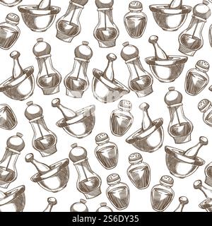 Épices pour la cuisson des aliments, la préparation des plats modèle sans couture de sel et poivre shaker. Condiment pour recettes. Nutrition et régime. Saltcellar, contour d'esquisse monochrome, vecteur dans le style plat. Salière et poivrière, espèces pour les plats modèle sans couture Illustration de Vecteur
