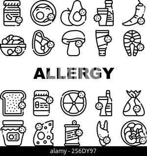Allergie sur les produits Collection icônes Set vecteur. Allergie sur les médicaments et cosmétiques, poissons et viandes, fromages et lait, fruits et légumes Black contour illustrations. Allergie sur les produits Collection icônes Set vecteur Illustration de Vecteur