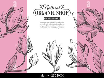 Magasinez ou stockez avec des produits biologiques. Bannière de site web avec texte et inscription calligraphique. Floraison et flore, ingrédients écologiques et production. Contour d'esquisse monochrome, vecteur dans le style plat. Boutique bio de qualité premium, bannière de site web Illustration de Vecteur