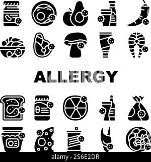 Allergie sur les produits Collection icônes Set vecteur. Allergie sur les médicaments et cosmétiques, poisson et viande, fromage et lait, fruits et légumes pictogrammes glyphes illustrations noires. Allergie sur les produits Collection icônes Set vecteur Illustration de Vecteur