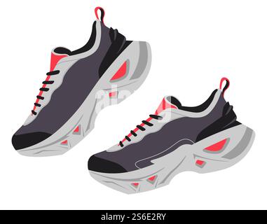 Paire de baskets confortables avec un design rouge, chaussures isolées en magasin ou assortiment de magasin. Chaussures en caoutchouc ou en cuir. Accessoires et vêtements pour faire du sport ou du jogging. Vecteur dans le style plat. Baskets avec lacets, paire de chaussures simple Illustration de Vecteur