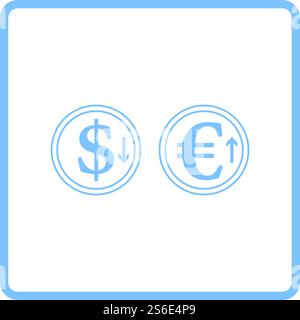 Icône de la monnaie en euros à la baisse du dollar et à la croissance. Design Blue Frame. Illustration vectorielle. Illustration de Vecteur