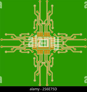 Circuits microélectroniques plats. Vecteur de carte de circuit imprimé, fond vert. Illustration de Vecteur