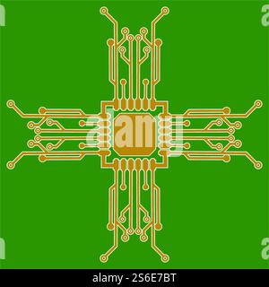 Circuits microélectroniques plats. Vecteur de carte de circuit imprimé, fond vert. Illustration de Vecteur