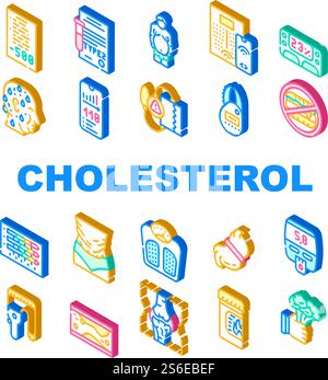 Ensemble d'icônes de collecte de cholestérol en surpoids vecteur. Cholestérol personnes en surpoids et maladie de diabète, Journal alimentaire et Smart Scales Isomtric Sign Color illustrations. Cholestérol Overweight Collection icônes Set vecteur plat Illustration de Vecteur