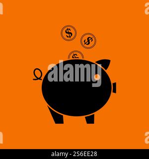 Les pièces de monnaie d'or tombent dans l'icône de la banque de Piggy. Noir sur fond orange. Illustration vectorielle. Illustration de Vecteur