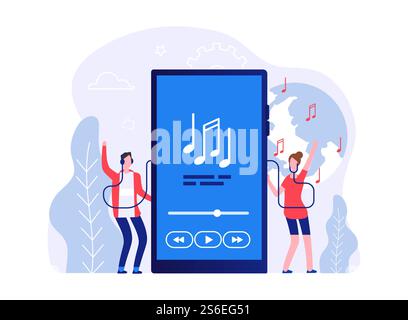 Concept de musique mobile. Les gens écoutent des chansons en ligne illustration vectorielle. Application musicale, divertissement, liste de lecture audio. Danse radio, application musique danse illustration. Concept de musique mobile. Les gens écoutent des chansons en ligne illustration vectorielle. Application musicale, divertissement, liste de lecture audio Illustration de Vecteur