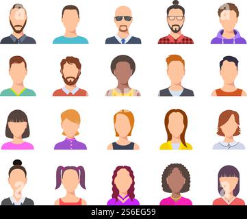 Avatars plats. Têtes masculines et féminines, portraits de gens d'affaires. Jeu de vecteurs de visages de dessin animé des utilisateurs. Illustration profil de personne avatar, portrait anonyme de femme et d'homme. Avatars plats. Têtes masculines et féminines, portraits de gens d'affaires. Jeu de vecteurs de visages de dessin animé des utilisateurs Illustration de Vecteur