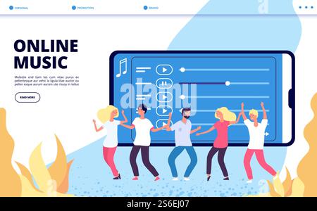 Page d'accueil musique en ligne. Illustration vectorielle de divertissement mobile. Page Web des personnes dansantes heureuses et de la playlist. Musique en ligne, son et diffusion audio. Page d'accueil musique en ligne. Illustration vectorielle de divertissement mobile. Page Web des personnes dansantes heureuses et de la playlist Illustration de Vecteur