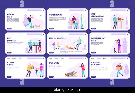 Modèle de pages d'atterrissage de personnes avec animaux de compagnie. Personnages vectoriels personnes, chiens, chats, oiseaux. Illustration vétérinaire et de toilettage du site Web. Modèle de pages d'atterrissage de personnes avec animaux de compagnie. Personnages vectoriels personnes, chiens, chats, oiseaux Illustration de Vecteur