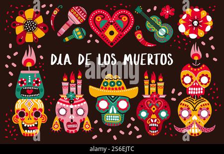 Affiche du jour de la mort. Crânes décoratifs, guitare et bougies et piment fort, coeur et fleurs. Fond vectoriel mexicain dia de los muertos. Poivre mexicain et crâne, illustration traditionnelle du festival. Affiche du jour de la mort. Crânes décoratifs, guitare et bougies et piment fort, coeur et fleurs. Fond vectoriel mexicain dia de los muertos Illustration de Vecteur