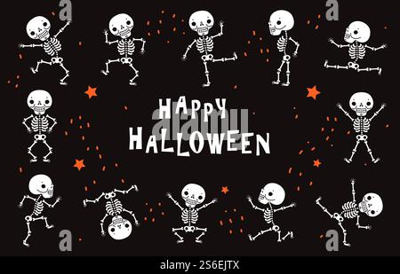 Squelettes dansants. Des os humains blancs drôles dans la danse. Affiche noire vectorielle d'Halloween dans le style d'horreur. Illustration squelette d'halloween, fête d'horreur avec crâne. Squelettes dansants. Des os humains blancs drôles dans la danse. Affiche noire vectorielle d'Halloween dans le style d'horreur Illustration de Vecteur