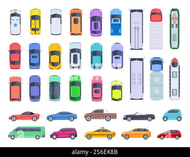 Vue latérale supérieure des voitures. Transport automatique, camion et toit de voiture de transport de véhicule. Ensemble de vecteurs de transport public et privé. Voiture automatique au-dessus de la vue, camion de transport, fourgonnette et illustration de la machine. Vue latérale supérieure des voitures. Transport automatique, camion et toit de voiture de transport de véhicule. Ensemble de vecteurs de transport public et privé Illustration de Vecteur
