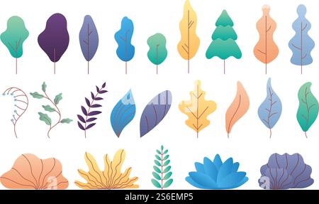 Feuilles minimales plates. Arbres feuillus et conifères simples, branches et arbustes. Ensemble de vecteurs de plantes plates à la mode et de feuillage tropical. Bush et branche, illustration de style coloré d'arbre de la nature. Feuilles minimales plates. Arbres feuillus et conifères simples, branches et arbustes. Ensemble de vecteurs de plantes plates à la mode et de feuillage tropical Illustration de Vecteur