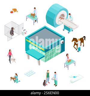 Concept de soins pour animaux de compagnie. Clinique vétérinaire isométrique isolée sur fond blanc. Vétérinaires bénévoles propriétaires d'animaux domestiques, clinique de médecine. Clinique vétérinaire pour chien, chat et animaux de compagnie. Concept de soins pour animaux de compagnie. Clinique vétérinaire isométrique isolée sur fond blanc. Vétérinaires bénévoles propriétaires d'animaux domestiques, clinique de médecine Illustration de Vecteur