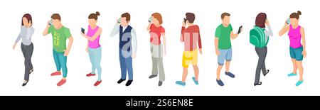 Conversation téléphonique. Communication isométrique des personnes. Vector 3D personnages féminins masculins avec smartphones isolés sur fond blanc. Téléphone de communication et de conversation, illustration des personnes de la communauté. Conversation téléphonique. Communication isométrique des personnes. Vector 3D personnages féminins masculins avec smartphones isolés sur fond blanc Illustration de Vecteur