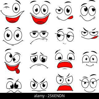 Expressions de dessins animés. Mignon visage éléments yeux et bouches avec des émotions heureuses, tristes et en colère, incrédulité. Caractères vectoriels de caricature. Émotion d'expression en colère, esquisse heureuse et illustration de rire. Expressions de dessins animés. Mignon visage éléments yeux et bouches avec des émotions heureuses, tristes et en colère, incrédulité. Caractères vectoriels de caricature Illustration de Vecteur