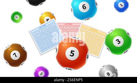 Balles de loterie. Tickets de victoire de jeu de Bingo, jeu de loterie de Keno. Nombres de succès et chute de balle 3D. Fond de vecteur de casino. Jeu de loterie et de chance, jeu d'illustration de chance. Balles de loterie. Tickets de victoire de jeu de Bingo, jeu de loterie de Keno. Nombres de succès et chute de balle 3D. Fond de vecteur de casino Illustration de Vecteur